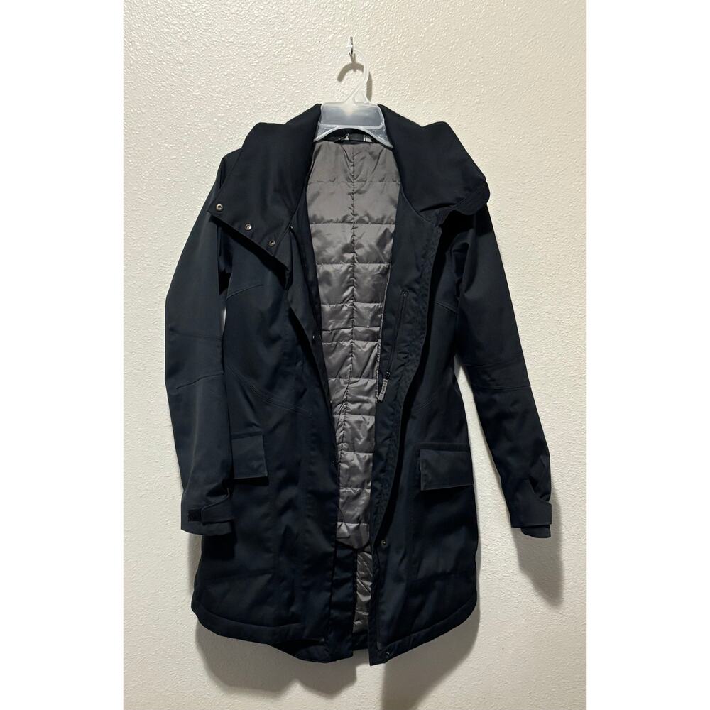 Women’s NAU Black Hooded Rain Winter Long Jacket Trench Coat Parka, size Small